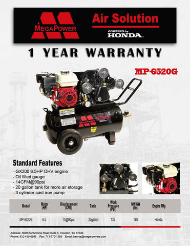 Mega MP-6520G 6.5-HP 20-Gallon 135-Psi Gas-Powered Belt Drive Air Compressor